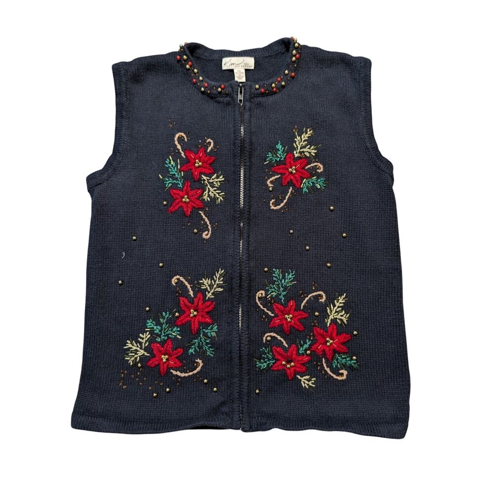 Kim Rogers Women's Sweater Vest Black Full Zip-Up Embroidered PS Vintage